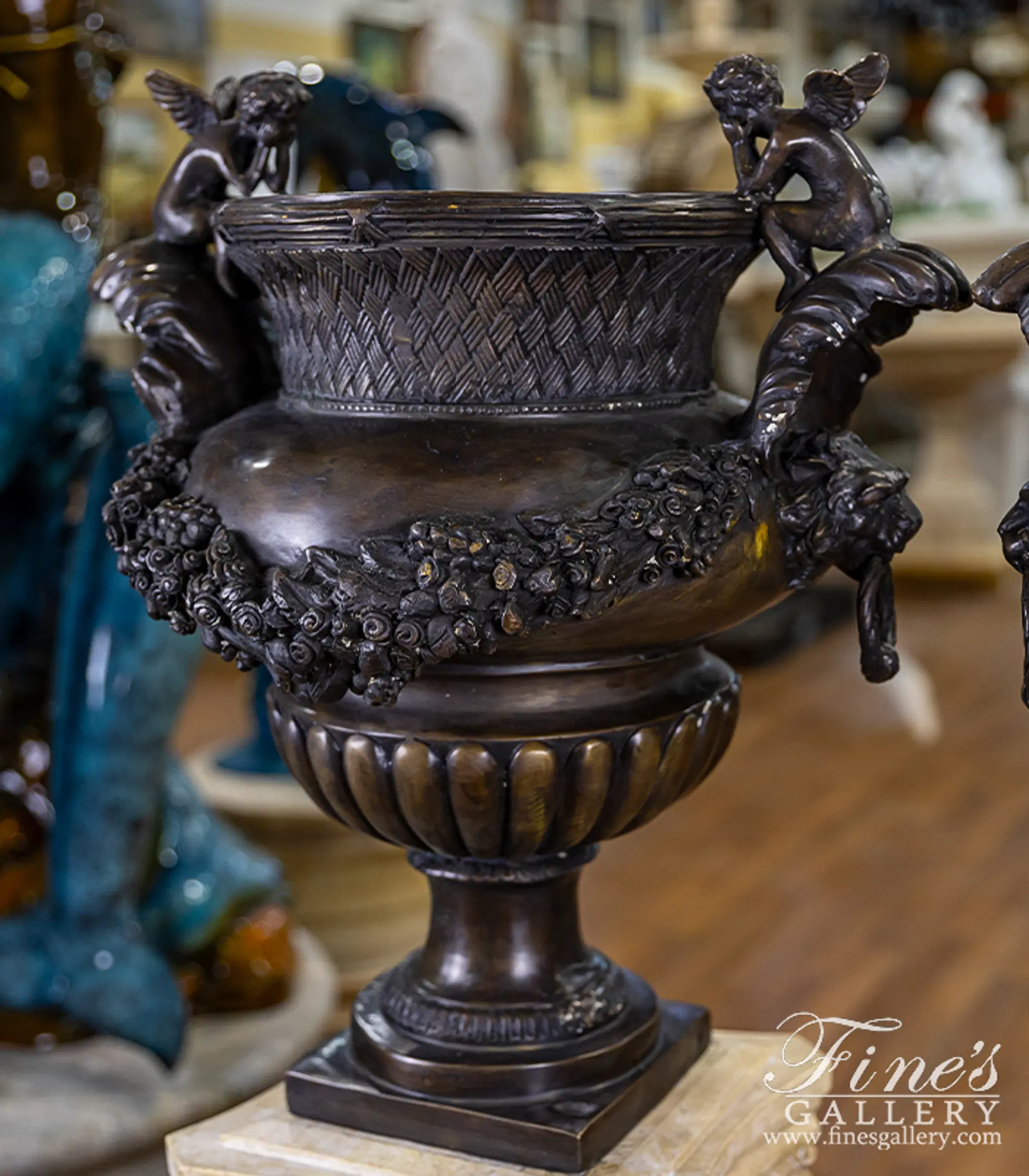 Bronze Planters - Cherub Lion Planter Pair In Classic Bronze - BP